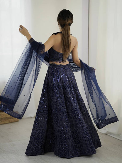Celebrity Style Nevy Blue Color Net Lehenga With Sequins Dori Work Designer Lehenga Choli