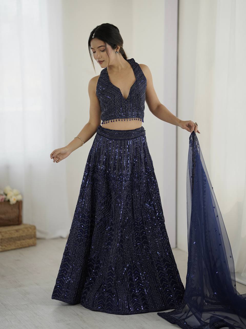 Celebrity Style Nevy Blue Color Net Lehenga With Sequins Dori Work Designer Lehenga Choli