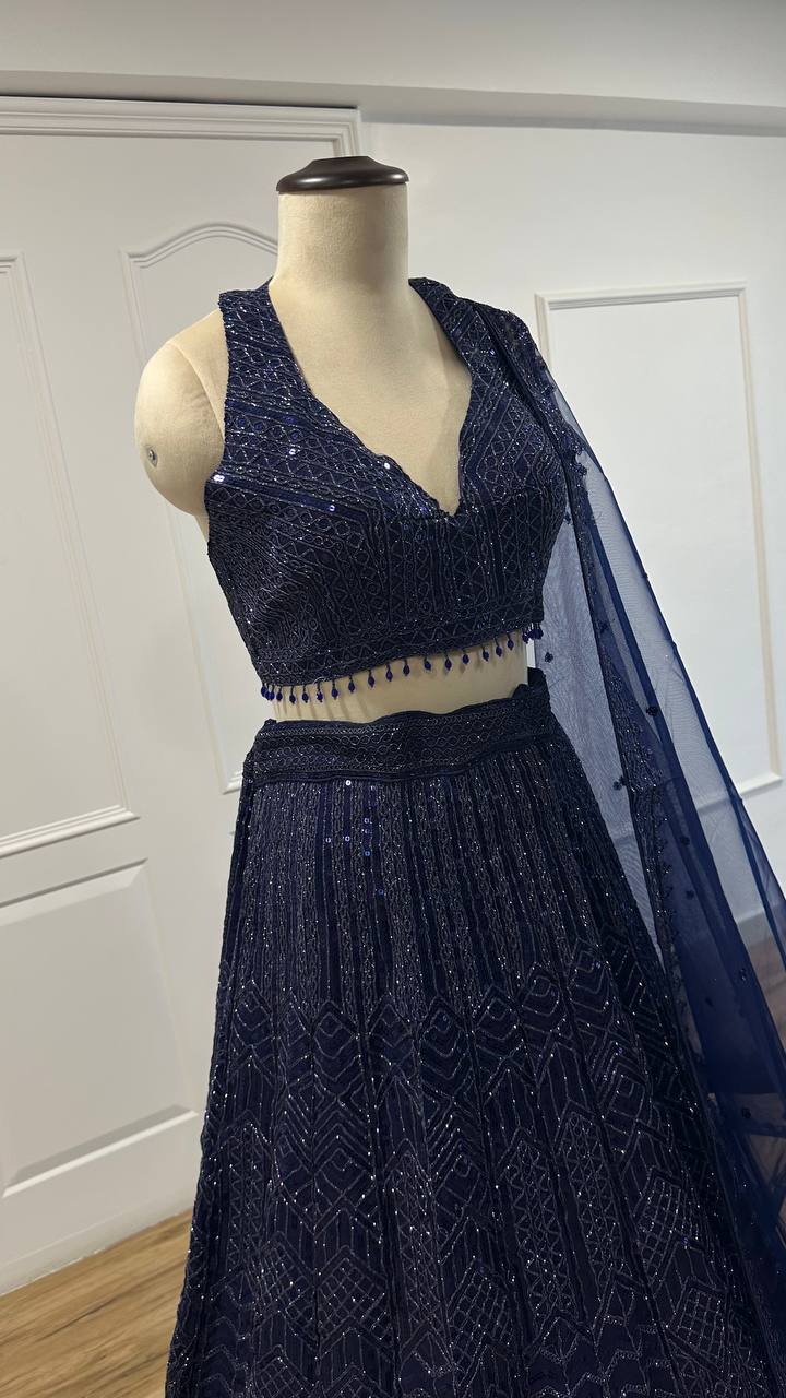 Celebrity Style Nevy Blue Color Net Lehenga With Sequins Dori Work Designer Lehenga Choli