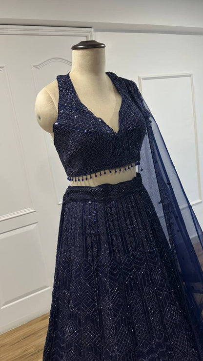 Celebrity Style Nevy Blue Color Net Lehenga With Sequins Dori Work Designer Lehenga Choli