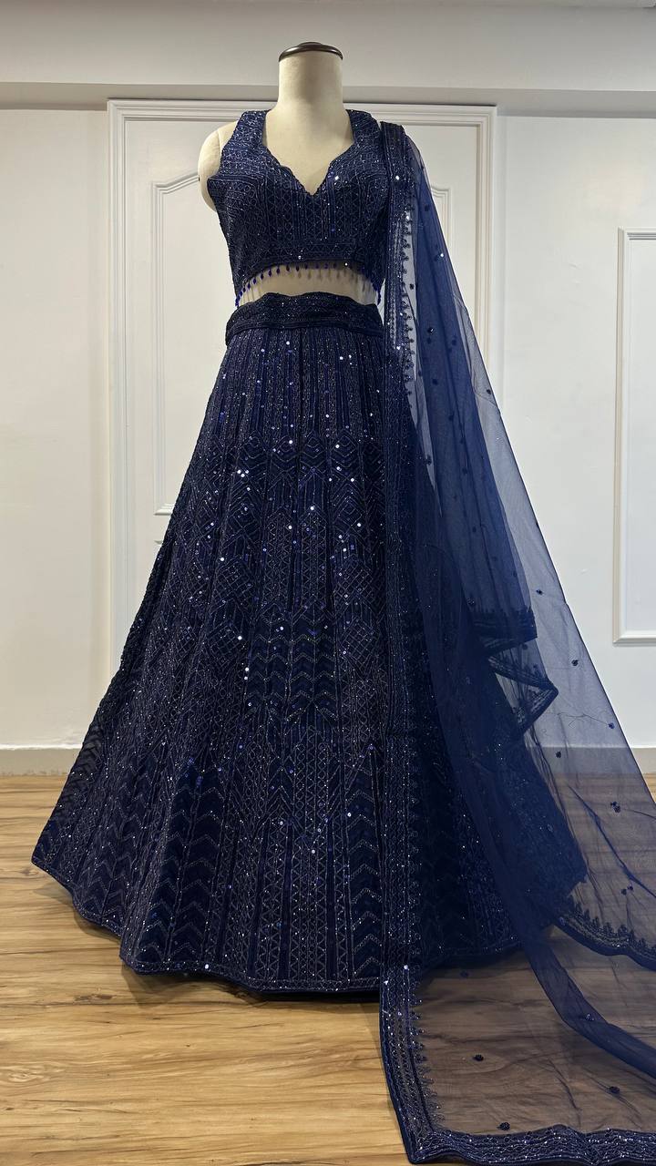 Celebrity Style Nevy Blue Color Net Lehenga With Sequins Dori Work Designer Lehenga Choli