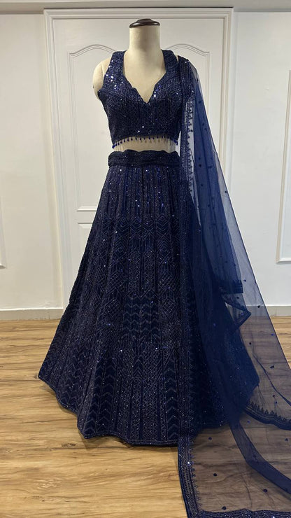 Celebrity Style Nevy Blue Color Net Lehenga With Sequins Dori Work Designer Lehenga Choli