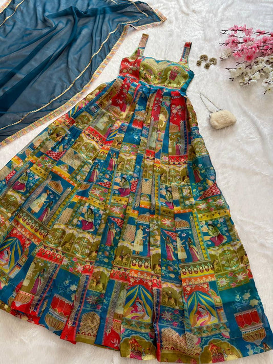 Designer Organza Silk 8 Meter Flair Anarkali Gown Set