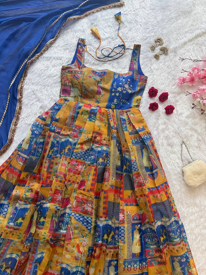 Designer Organza Silk 8 Meter Flair Anarkali Gown Set