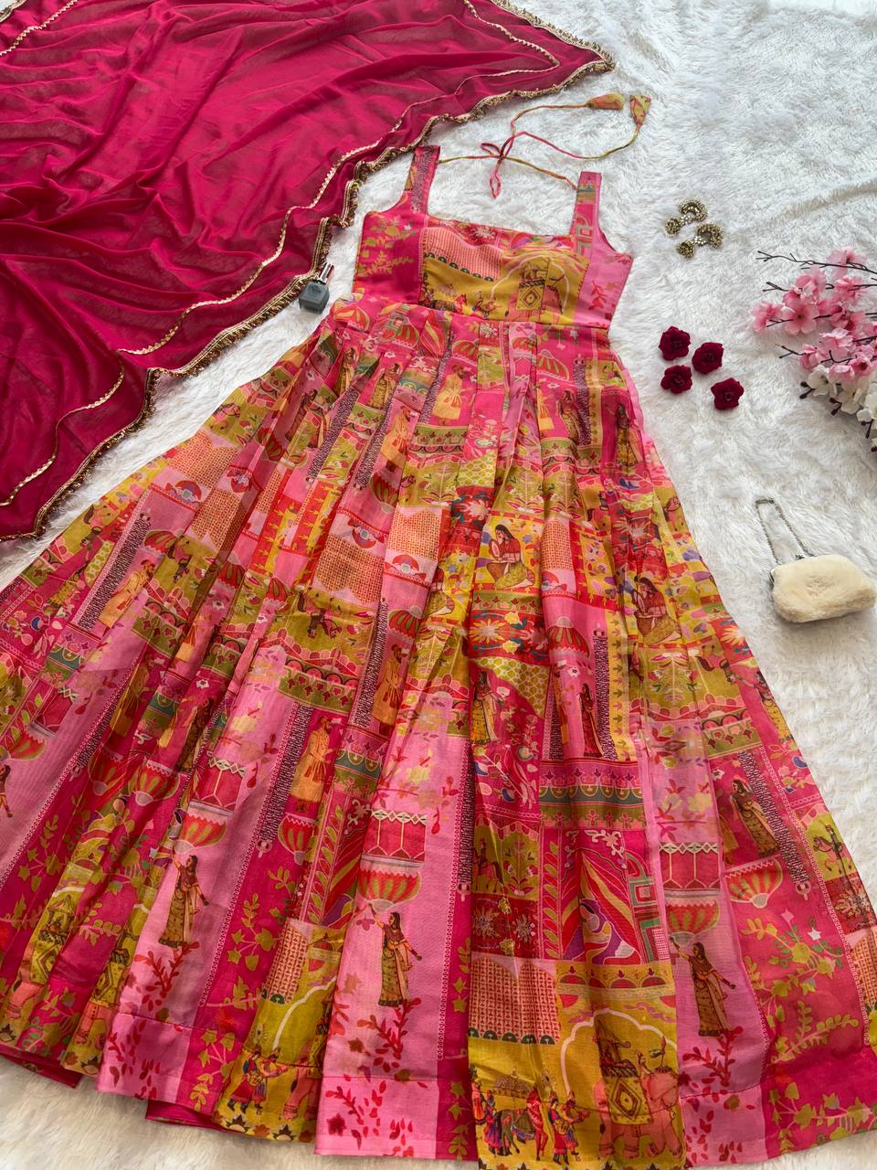 Designer Pink Color Organza Silk 8 Meter Flair Anarkali Gown Set