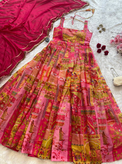 Designer Pink Color Organza Silk 8 Meter Flair Anarkali Gown Set