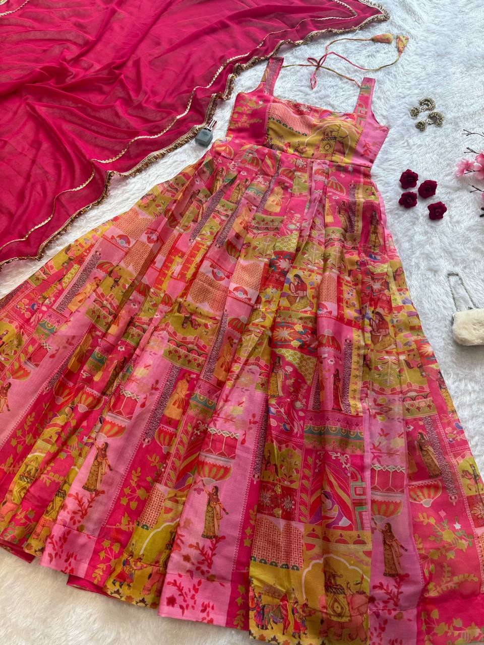 Designer Pink Color Organza Silk 8 Meter Flair Anarkali Gown Set