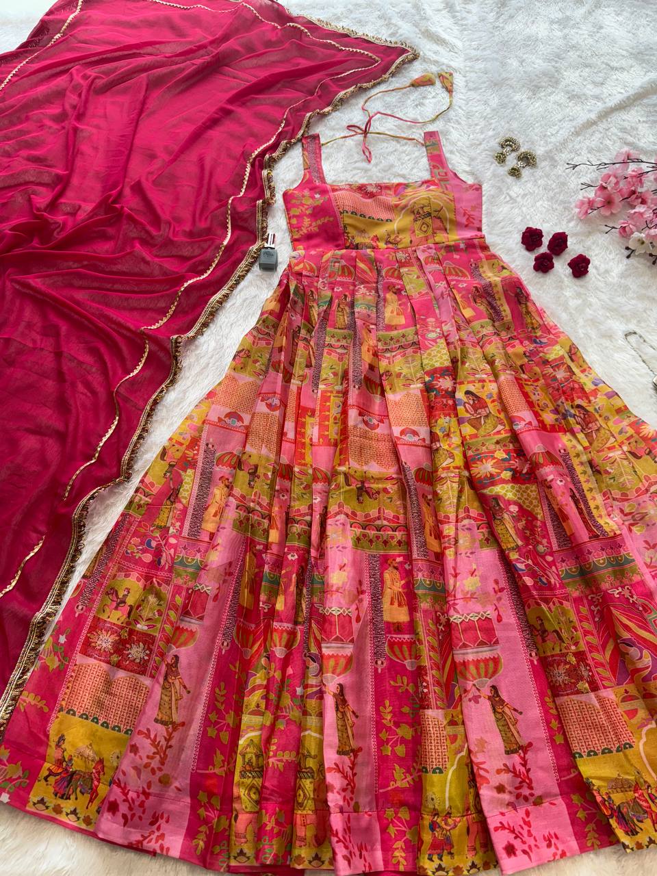Designer Pink Color Organza Silk 8 Meter Flair Anarkali Gown Set