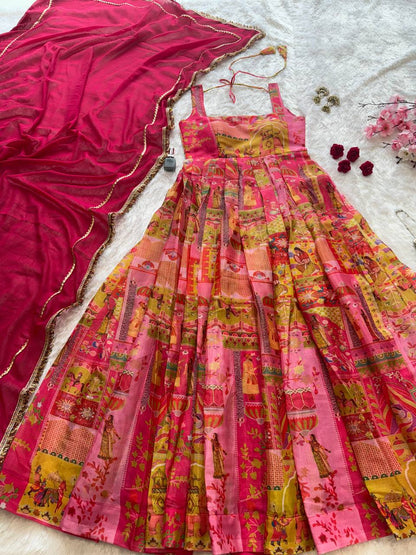 Designer Pink Color Organza Silk 8 Meter Flair Anarkali Gown Set