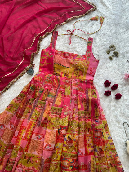 Designer Pink Color Organza Silk 8 Meter Flair Anarkali Gown Set