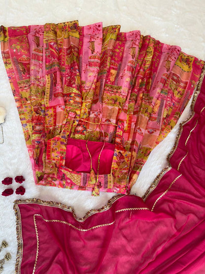 Designer Pink Color Organza Silk 8 Meter Flair Anarkali Gown Set