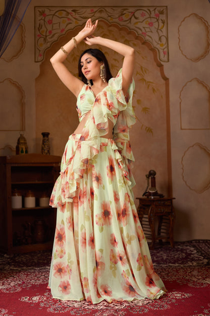 Fancy Green Orange Color Soft Georgette Floral Printed Lehenga Choli