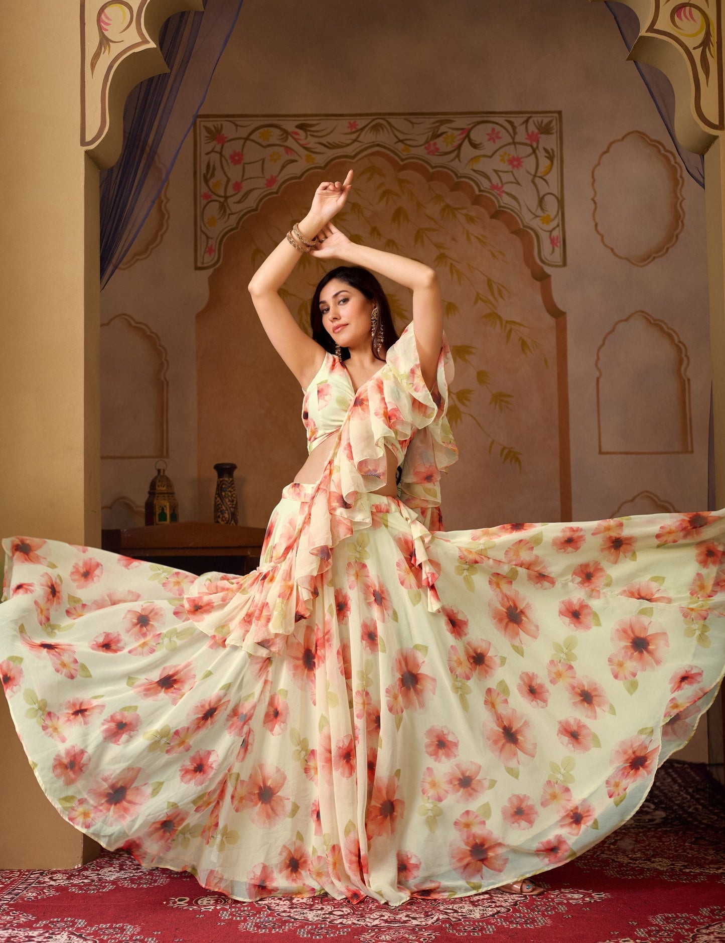 Fancy Green Orange Color Soft Georgette Floral Printed Lehenga Choli