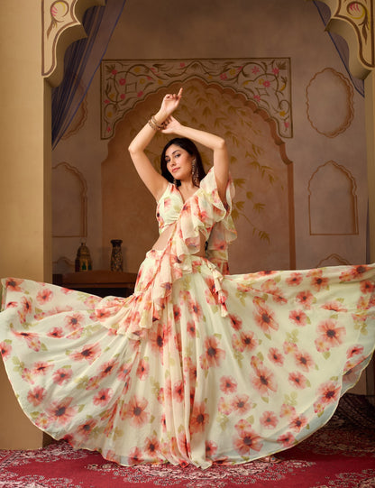 Fancy Green Orange Color Soft Georgette Floral Printed Lehenga Choli