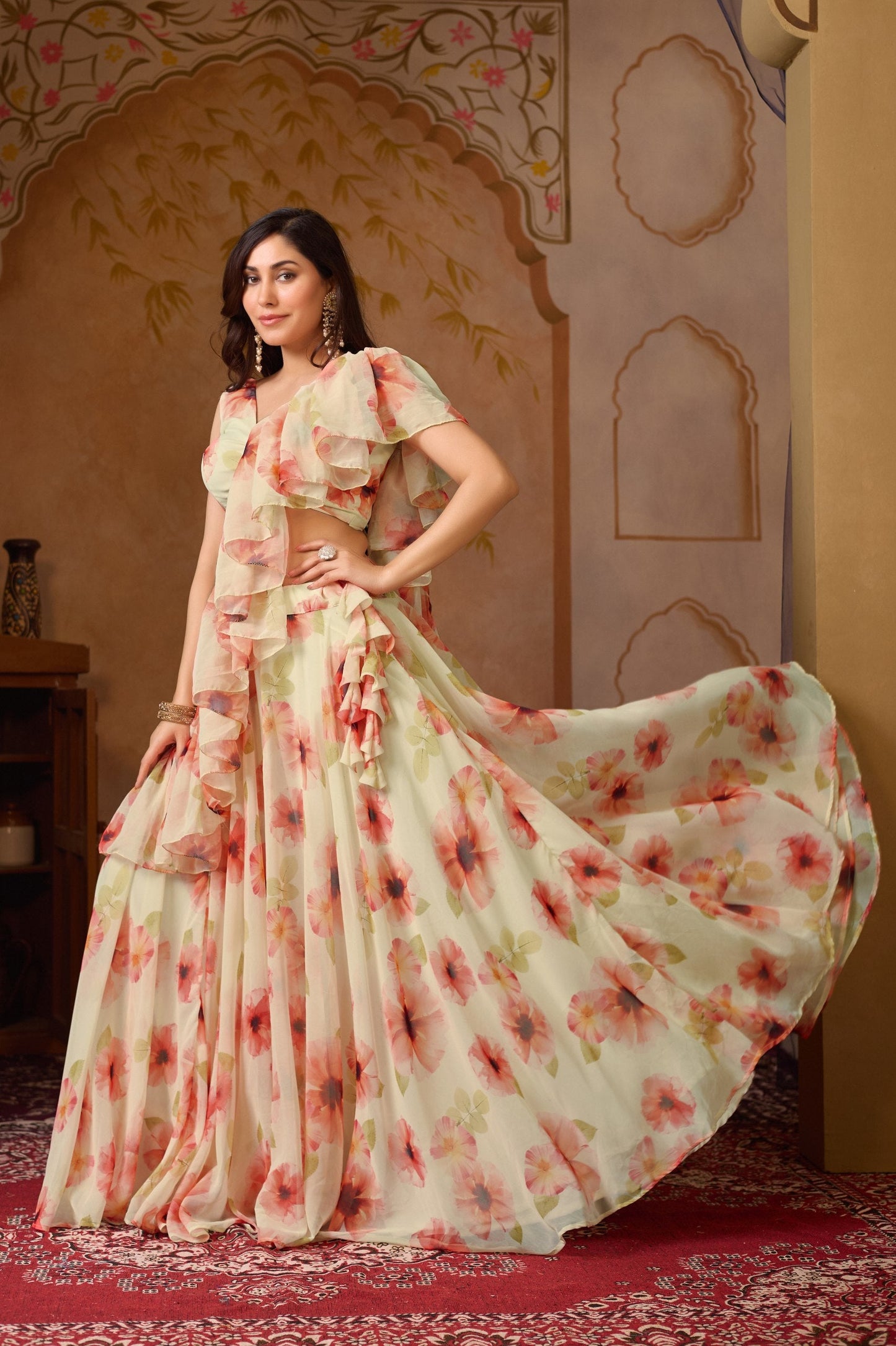 Fancy Green Orange Color Soft Georgette Floral Printed Lehenga Choli