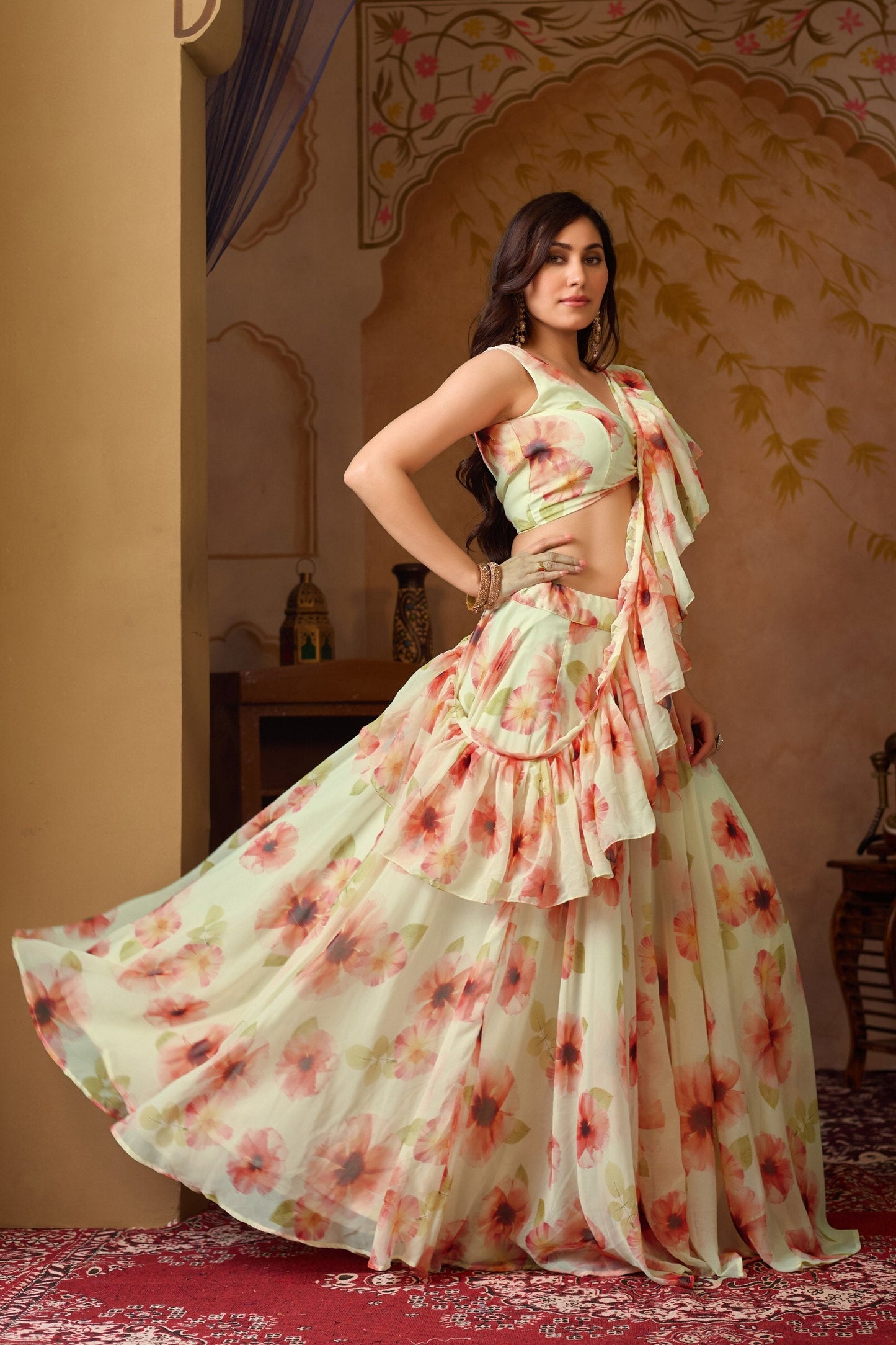 Fancy Green Orange Color Soft Georgette Floral Printed Lehenga Choli