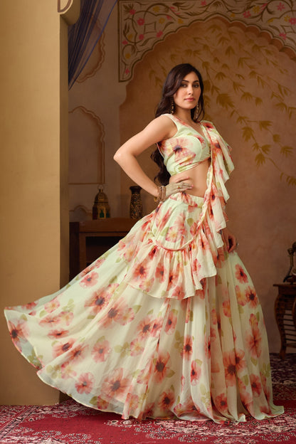 Fancy Green Orange Color Soft Georgette Floral Printed Lehenga Choli