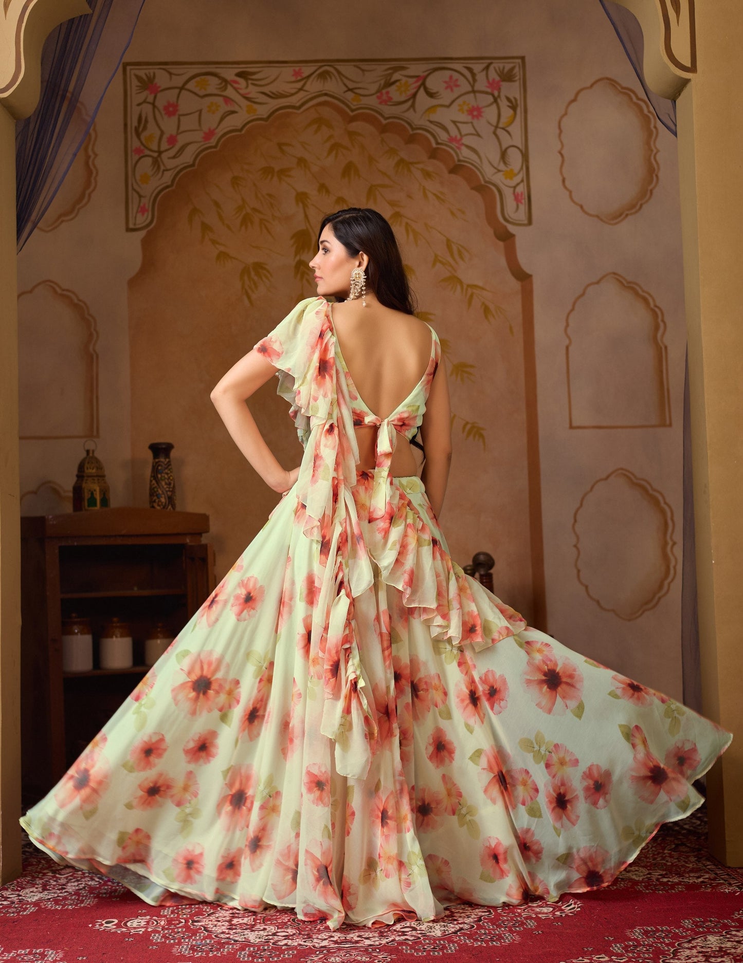 Fancy Green Orange Color Soft Georgette Floral Printed Lehenga Choli