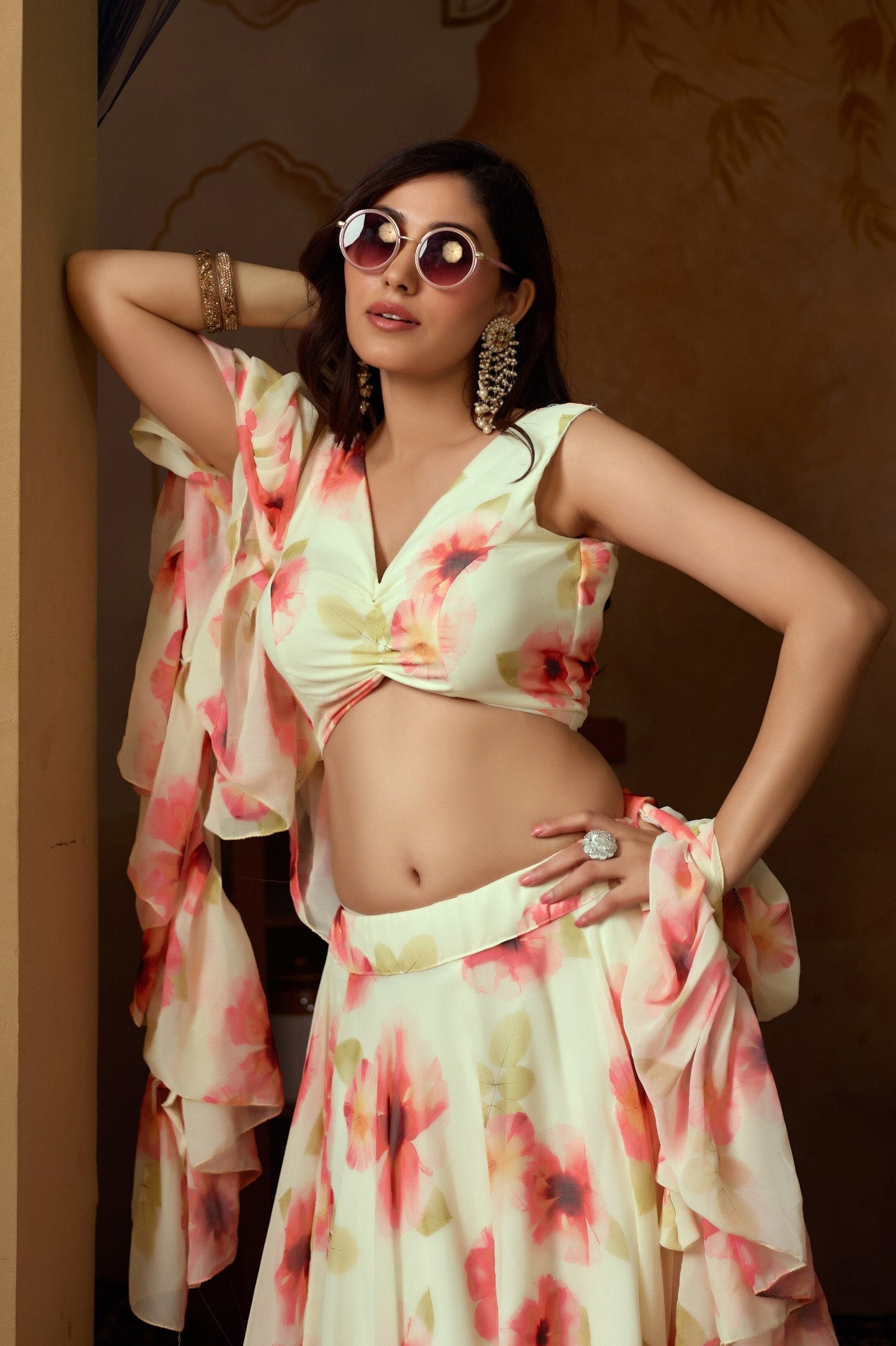 Fancy Green Orange Color Soft Georgette Floral Printed Lehenga Choli