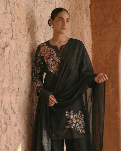 Traditional Wear Black Color Plazzo Suit With Dupatta