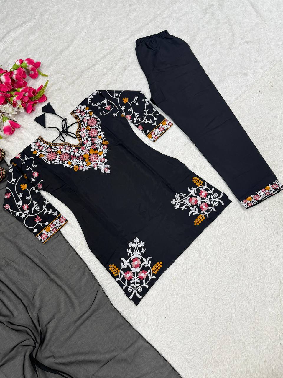 Traditional Wear Black Color Plazzo Suit With Dupatta
