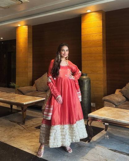 Pink Color Chinon Silk Embroidered Party Wear Anarkali Gown Set
