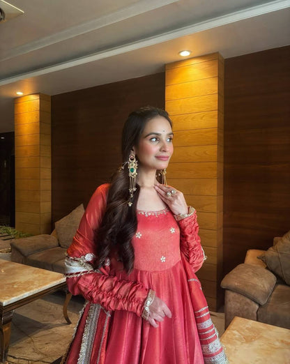 Pink Color Chinon Silk Embroidered Party Wear Anarkali Gown Set