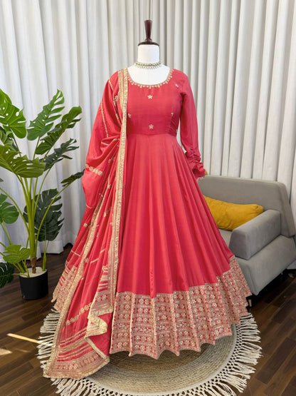 Pink Color Chinon Silk Embroidered Party Wear Anarkali Gown Set