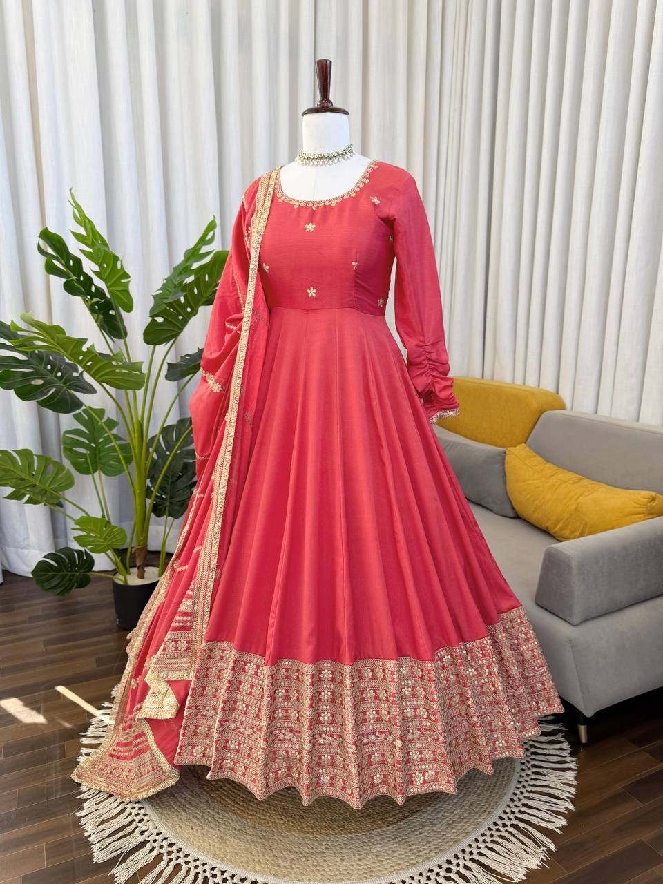 Pink Color Chinon Silk Embroidered Party Wear Anarkali Gown Set