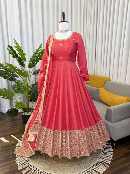 Pink Color Chinon Silk Embroidered Party Wear Anarkali Gown Set
