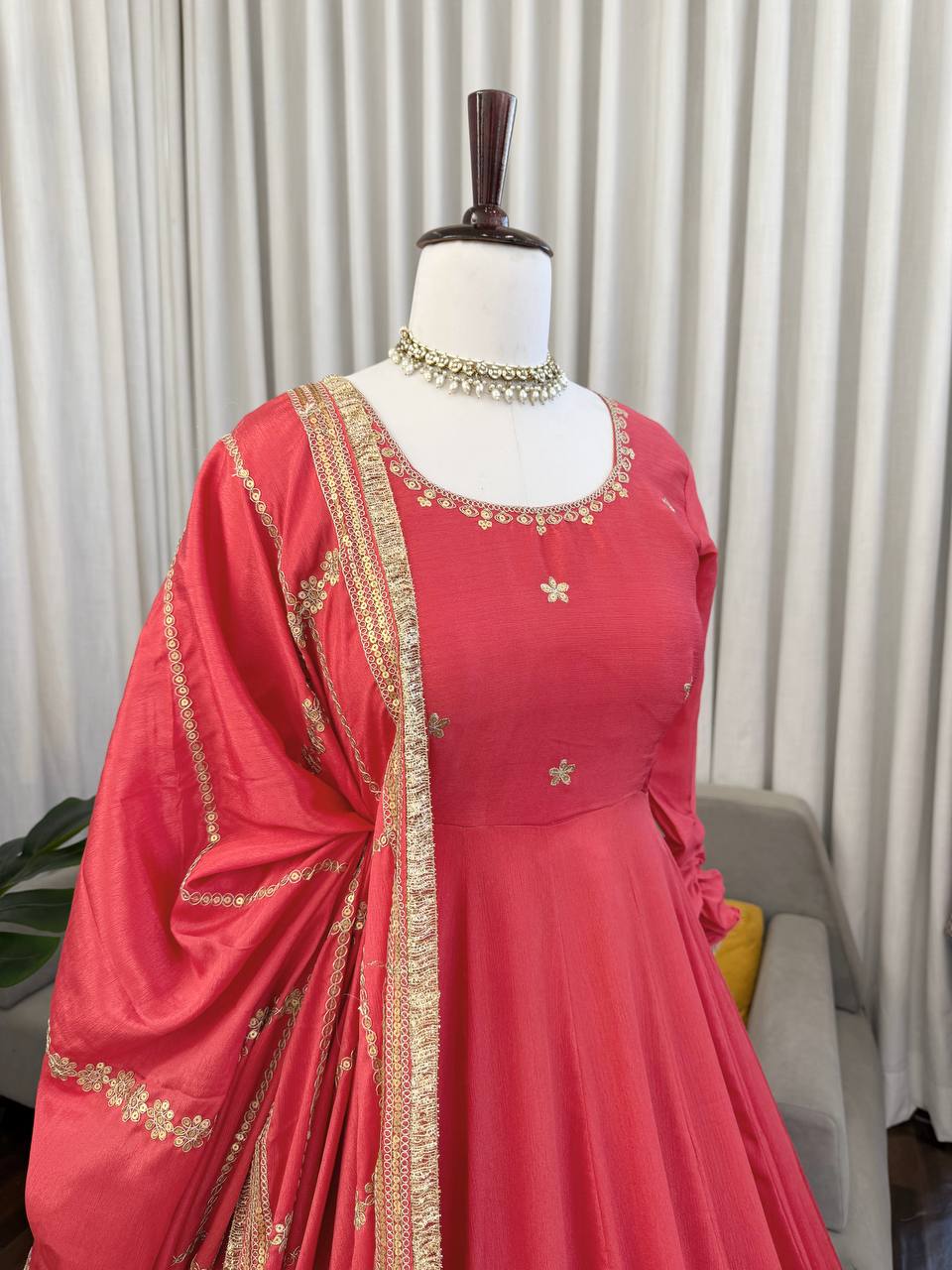 Pink Color Chinon Silk Embroidered Party Wear Anarkali Gown Set