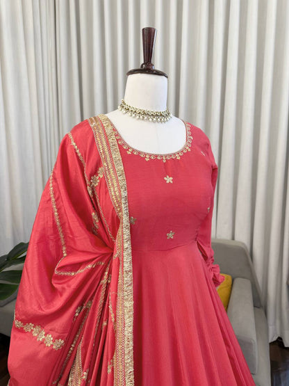 Pink Color Chinon Silk Embroidered Party Wear Anarkali Gown Set