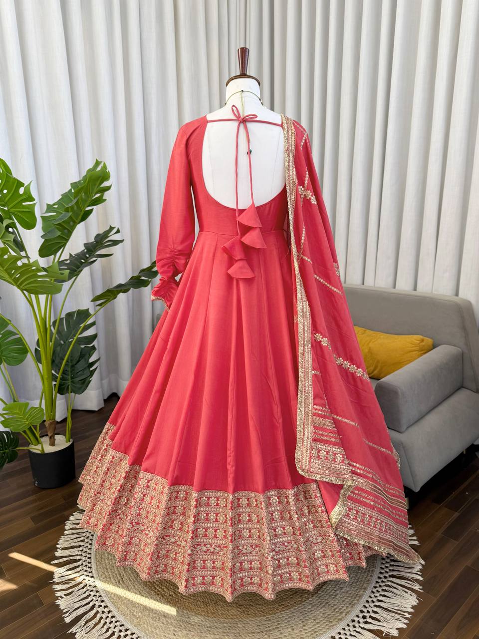 Pink Color Chinon Silk Embroidered Party Wear Anarkali Gown Set