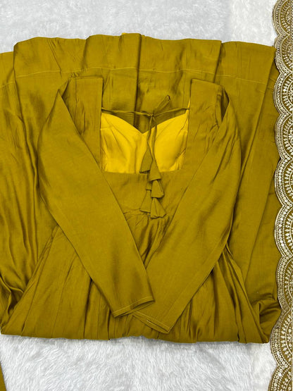 Party Wear Mustard Color Heavy Pure Roman Silk Plain Designer Gown With Work Dupatta