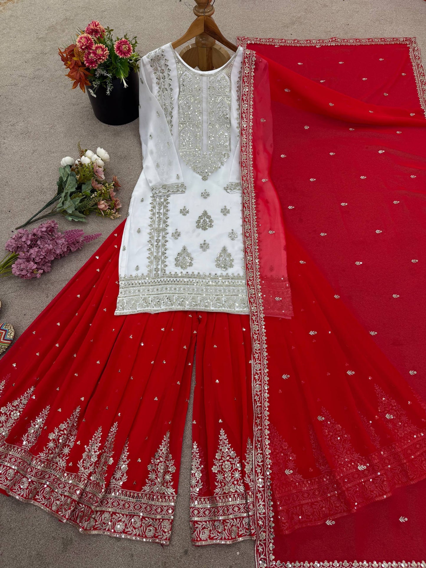 Beautiful White And Red Color Georgette Sharara Set
