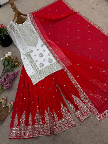 Beautiful White And Red Color Georgette Sharara Set