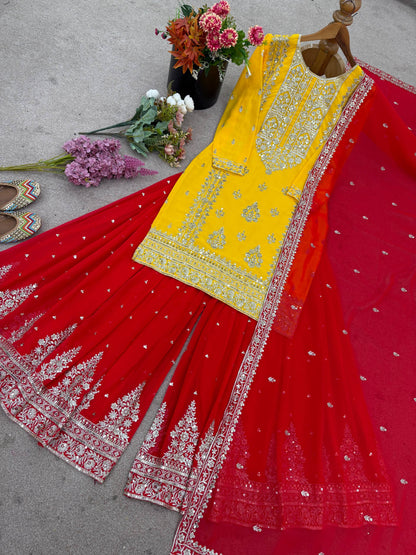 Beautiful Yellow And Red Color Georgette Sharara Set