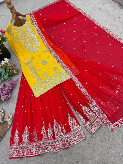 Beautiful Yellow And Red Color Georgette Sharara Set