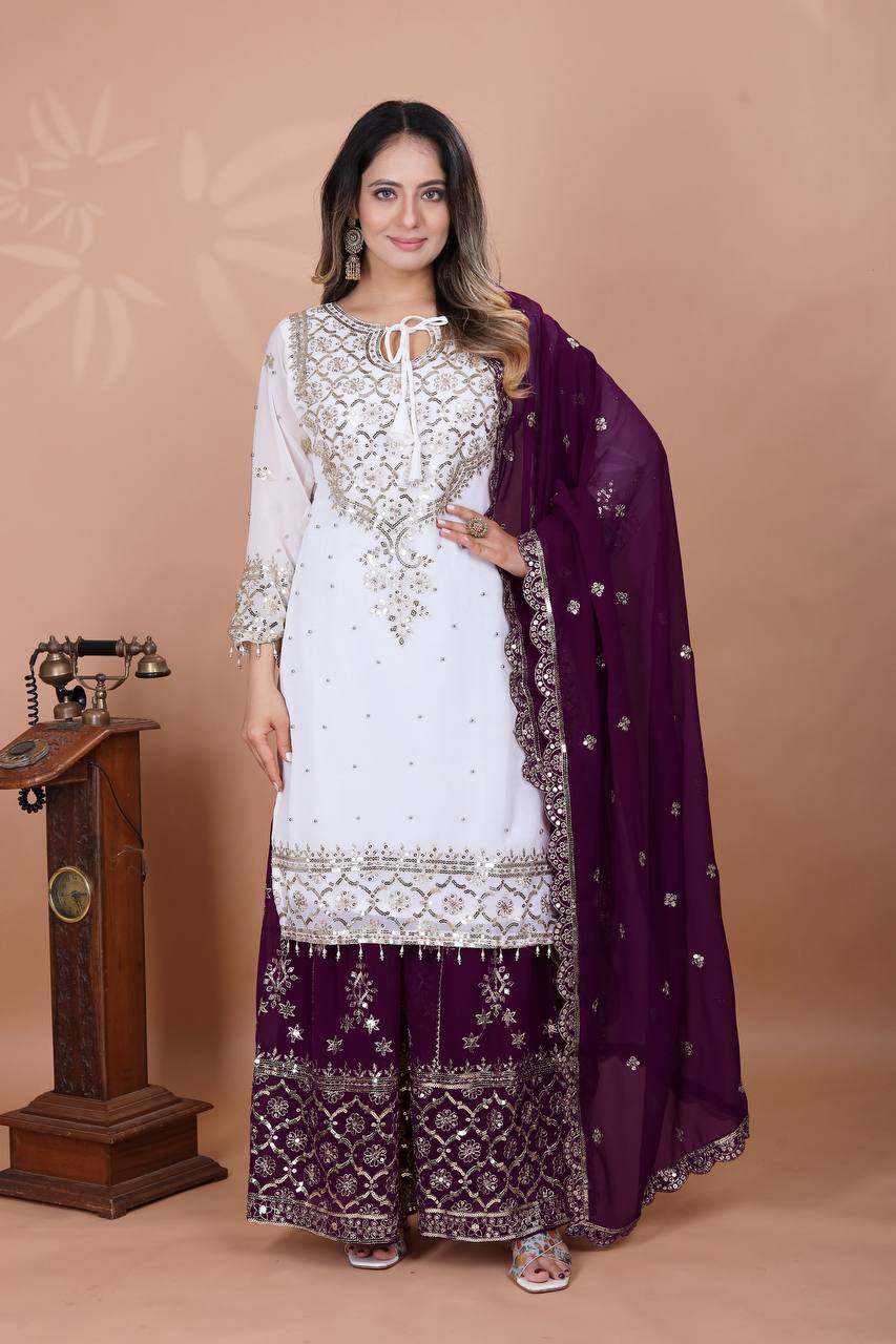 Function Wear Wine Color Heavy Faux Georgette With Embroidery Sequence Work Sharara Suit