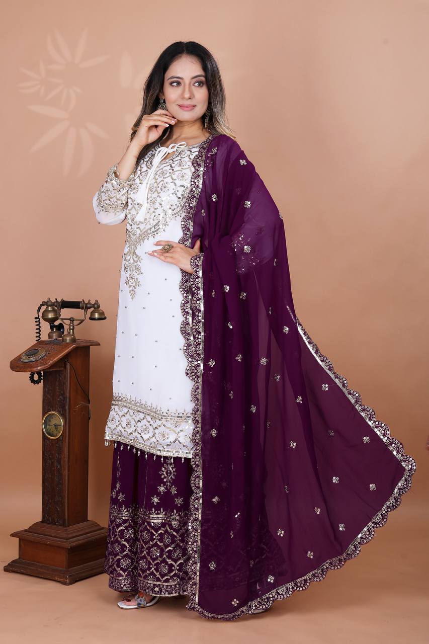 Function Wear Wine Color Heavy Faux Georgette With Embroidery Sequence Work Sharara Suit