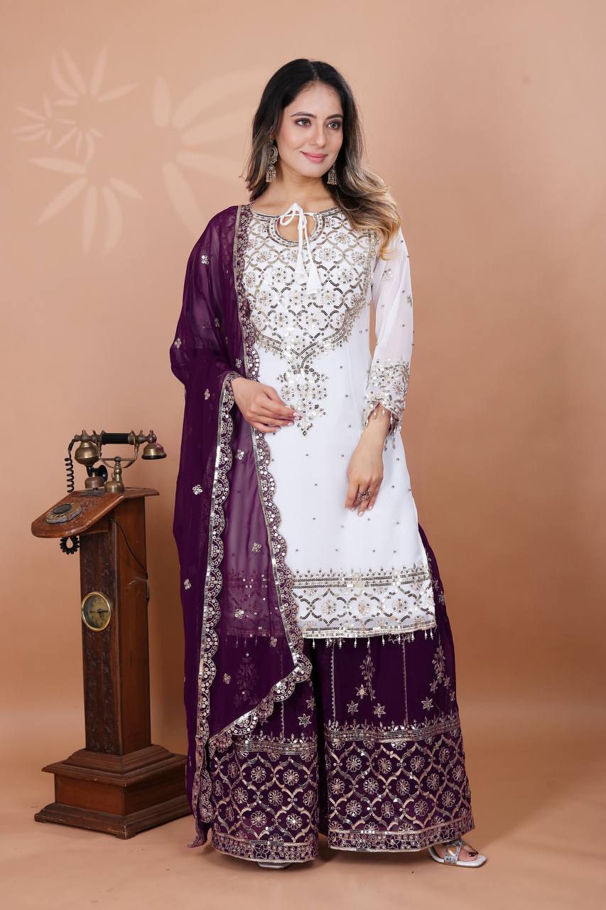 Function Wear Wine Color Heavy Faux Georgette With Embroidery Sequence Work Sharara Suit