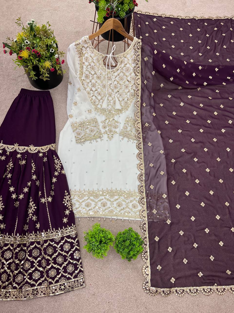 Function Wear Wine Color Heavy Faux Georgette With Embroidery Sequence Work Sharara Suit
