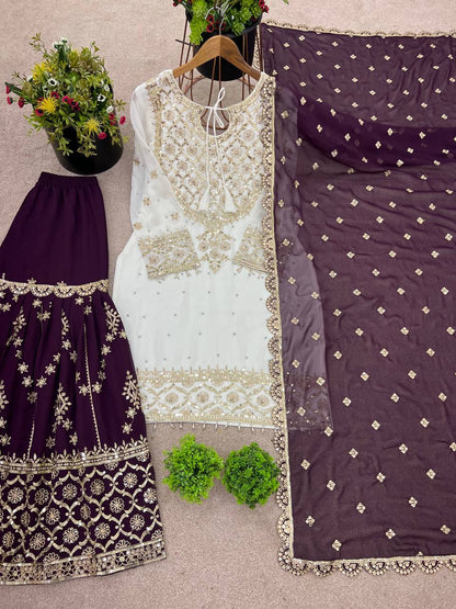 Function Wear Wine Color Heavy Faux Georgette With Embroidery Sequence Work Sharara Suit