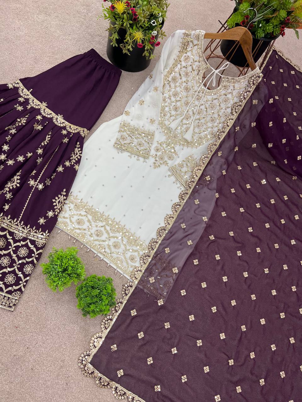 Function Wear Wine Color Heavy Faux Georgette With Embroidery Sequence Work Sharara Suit