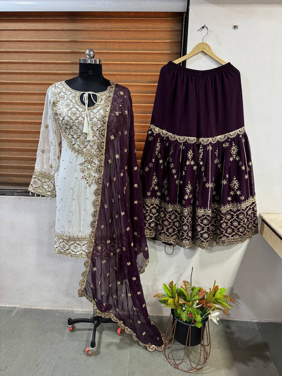 Function Wear Wine Color Heavy Faux Georgette With Embroidery Sequence Work Sharara Suit