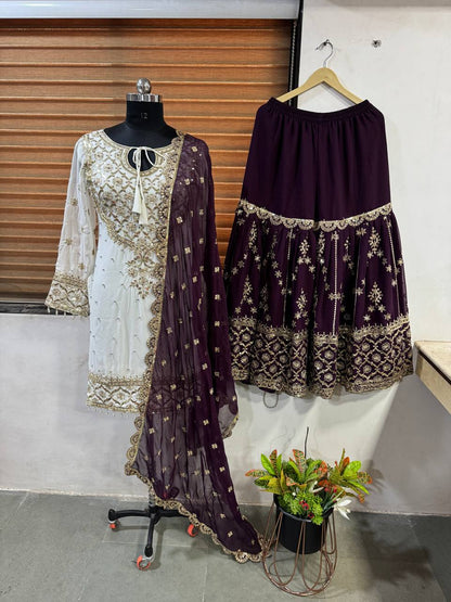 Function Wear Wine Color Heavy Faux Georgette With Embroidery Sequence Work Sharara Suit