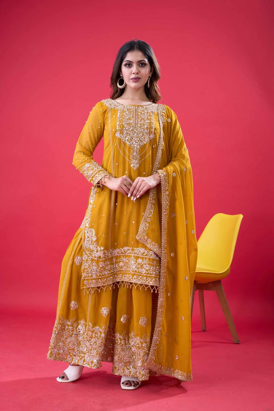 Ceremony Wear Yellow Color Rivet Moti Work Sharara Suit
