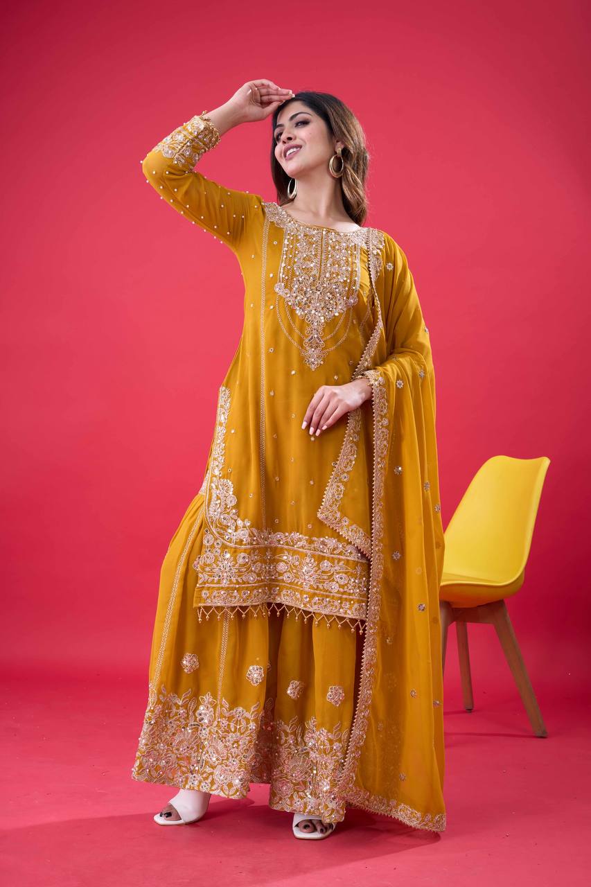 Ceremony Wear Yellow Color Rivet Moti Work Sharara Suit
