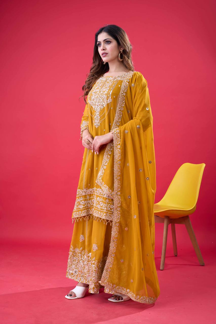 Ceremony Wear Yellow Color Rivet Moti Work Sharara Suit