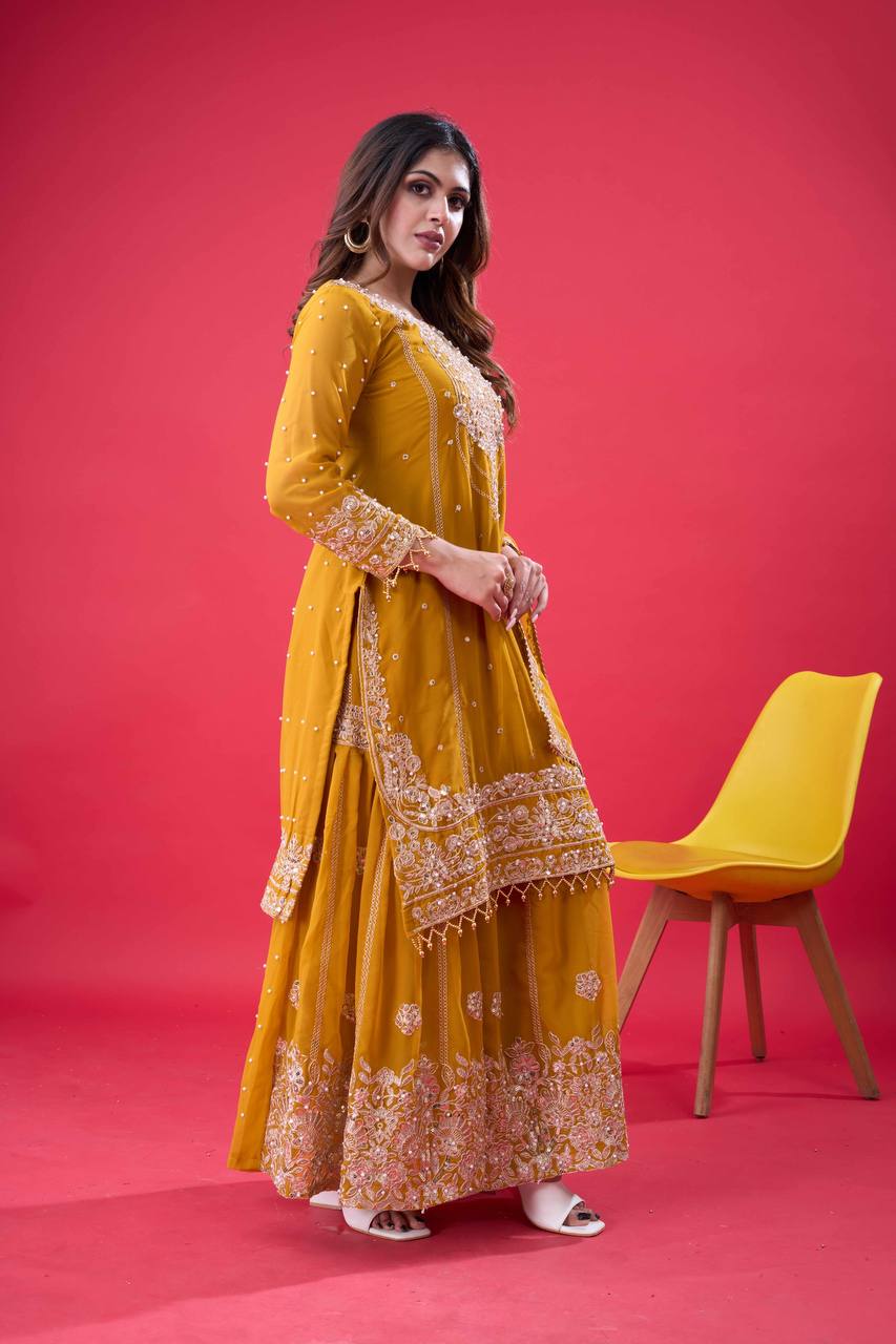 Ceremony Wear Yellow Color Rivet Moti Work Sharara Suit